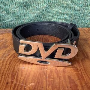 Vintage Y2K DVD Logo Belt Black Leather Chrome Buckle